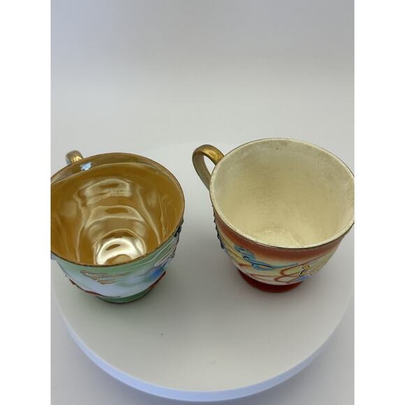Vintage Japanese Moriage Dragon Ware Teacups One Red One Green - Picture 7 of 8